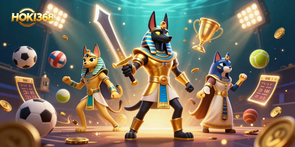 Bet on sports and enjoy gaming excitement with HOKI368's vibrant 3D illustration featuring Anubis and Bastet.