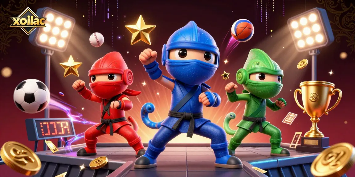 Xoilac showcases a dynamic 3D illustration of ninja chameleons synchronizing martial arts amidst vibrant sports elements.