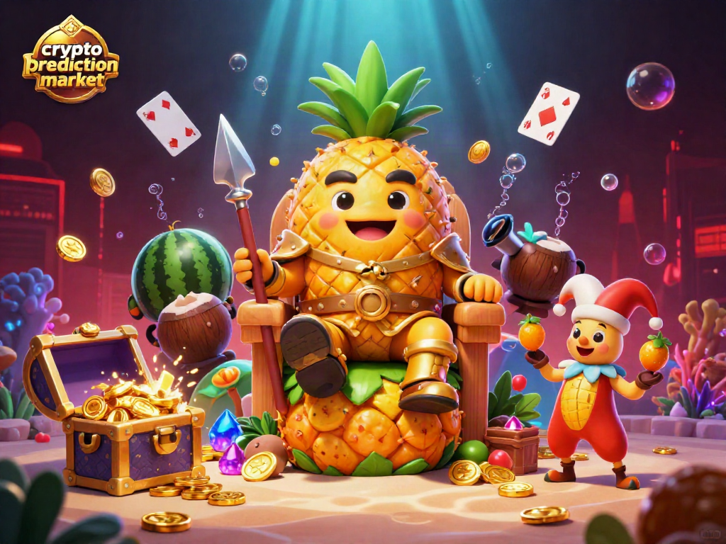 Engage in the crypto prediction market with the golden pineapple king and vibrant casino elements.