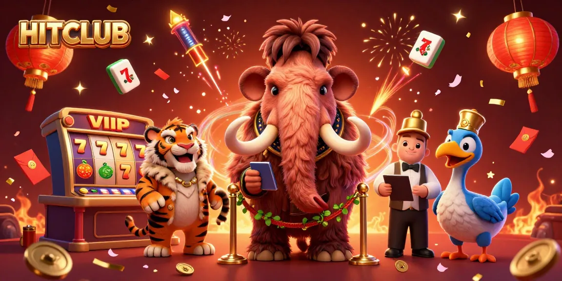 Experience HITCLUB's exciting scene with a woolly mammoth bouncer and vibrant casino elements.