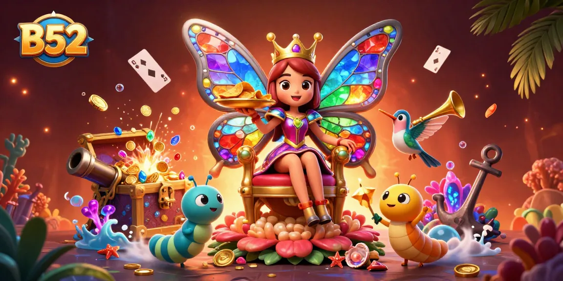 B52 Slots adventure as the butterfly queen cedes treasure and golden chips in a vibrant casino atmosphere.