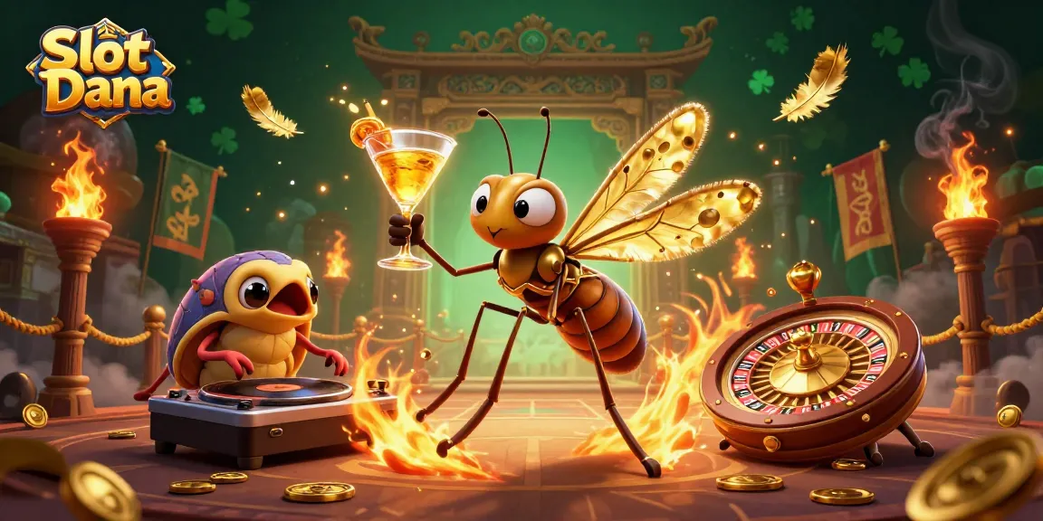 Gambarkan Slot Dana dengan maskot kasino dan elemen taruhan yang megah dalam gambar yang dinamis.