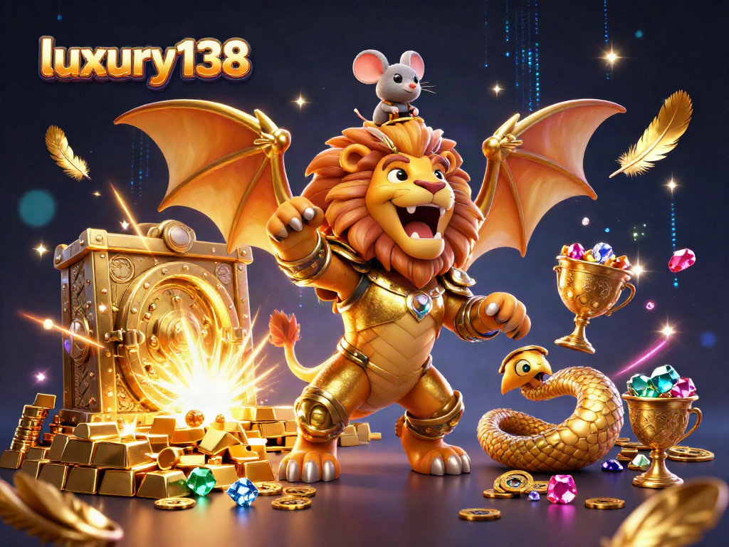Permainan menang dengan luxury138, ilustrasi ceria kasino digital penuh warna dan harta karun dan karakter menarik.