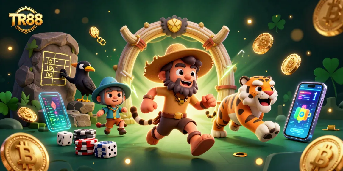 Experience TR88's dynamic prehistoric casino scene featuring crypto elements and vibrant characters.