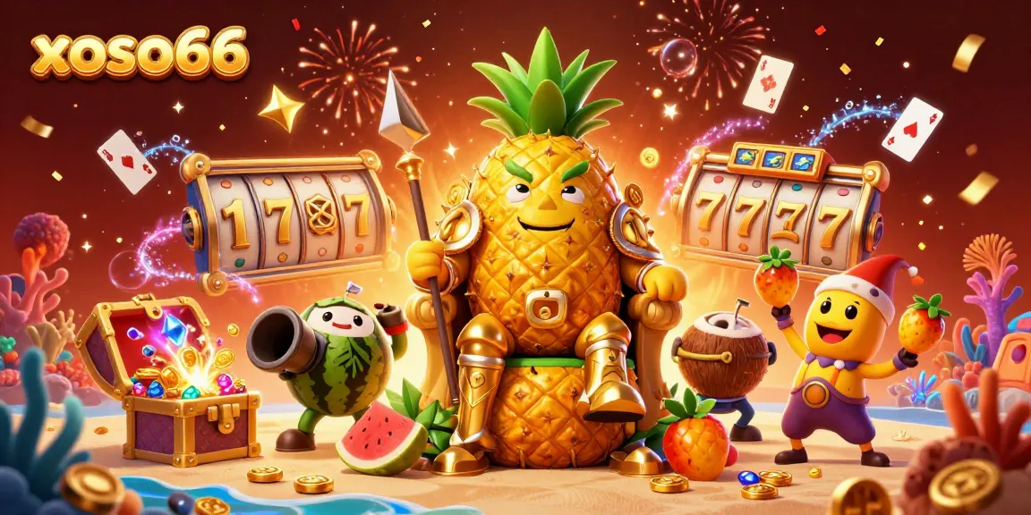 xoso66 introduces a vibrant scene with a golden pineapple king amidst slot reels and animated casino elements.
