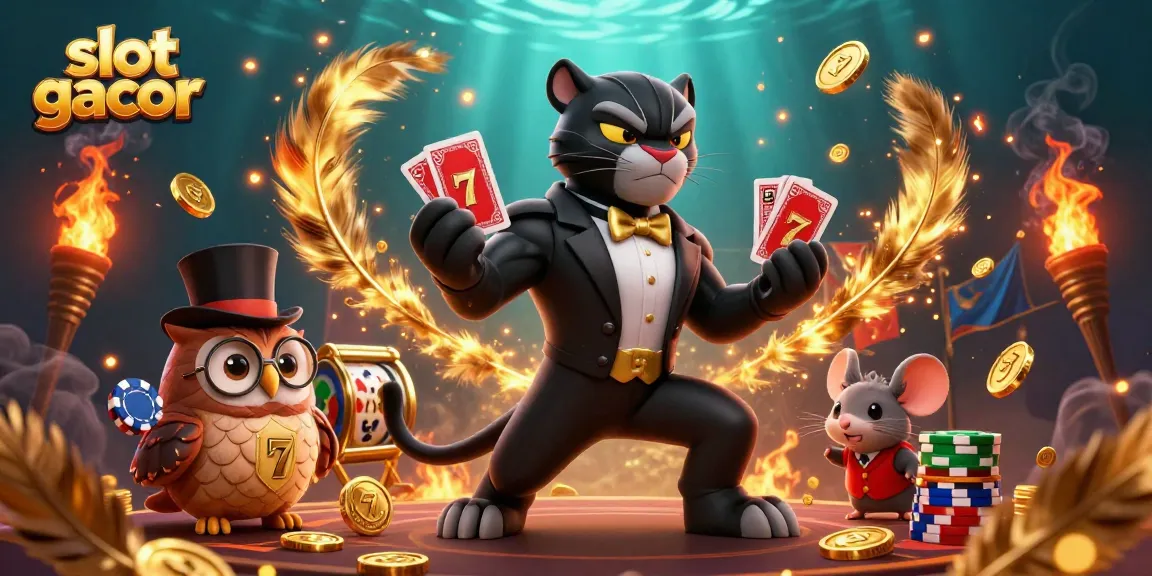 Slot gacor memikat dalam suasana kasino penuh keseruan dengan karakter kartun yang elegan.