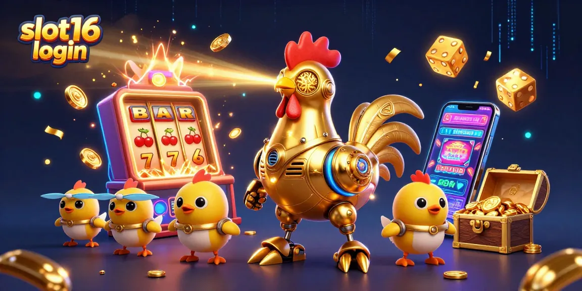 Experience the excitement of slot16 login with our vibrant 3D casino illustration featuring dynamic slot machines.