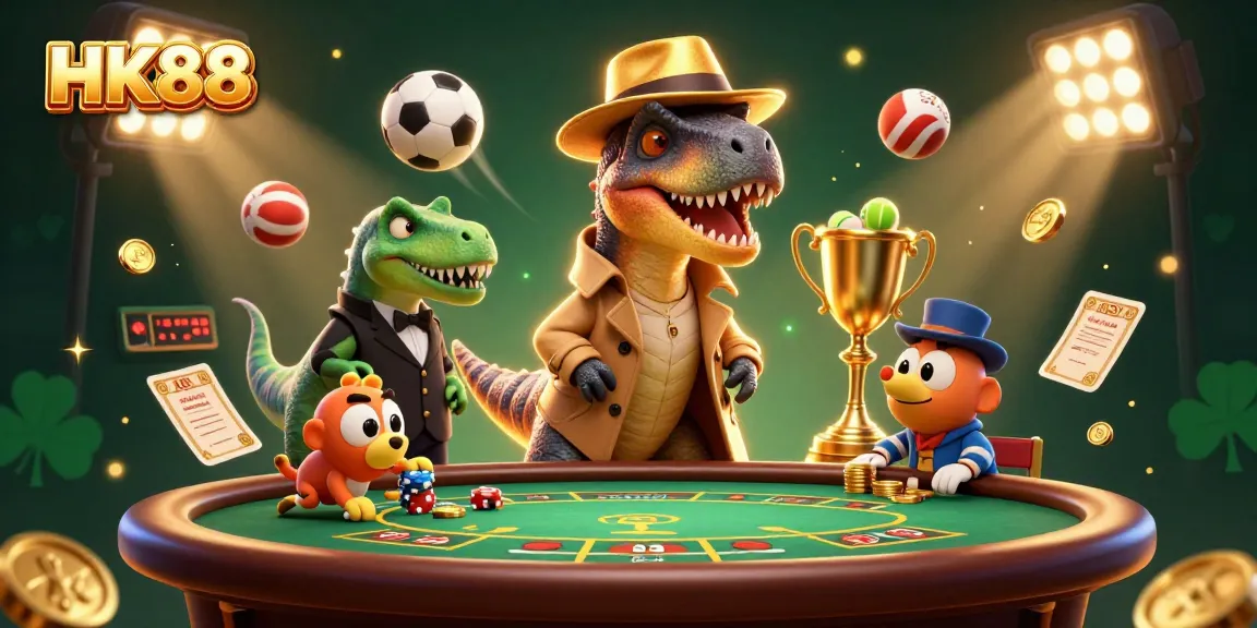 Experience thrilling action at HK88 with a velociraptor card counter at the blackjack table amidst vibrant gambling elements.