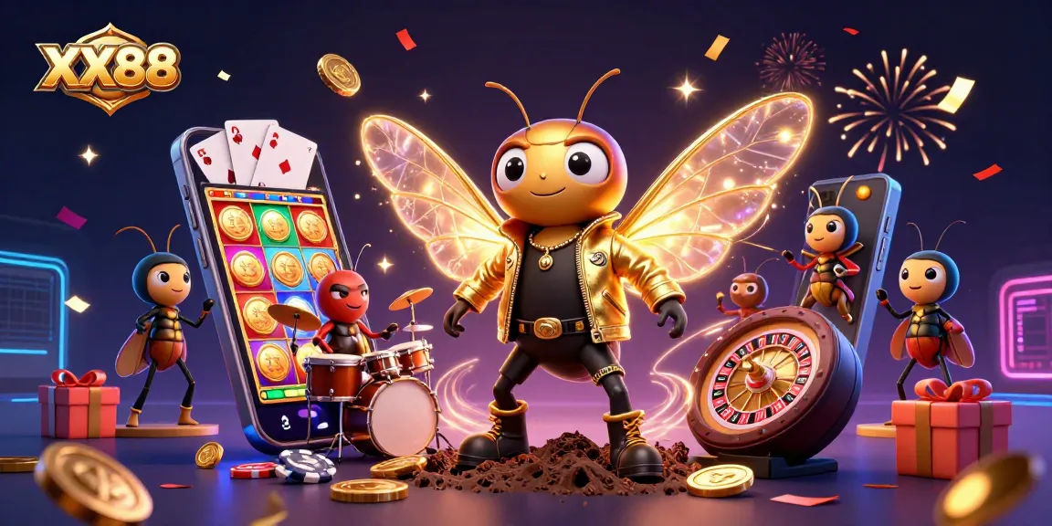 Experience the vibrant world of XX88 as a cicada rock star dazzles in a casino-themed illustration.