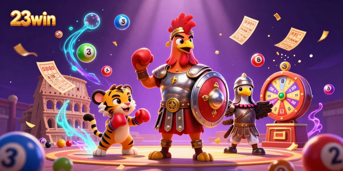 Engage with the 23win lottery scene featuring a gladiator rooster amidst vibrant game elements.
