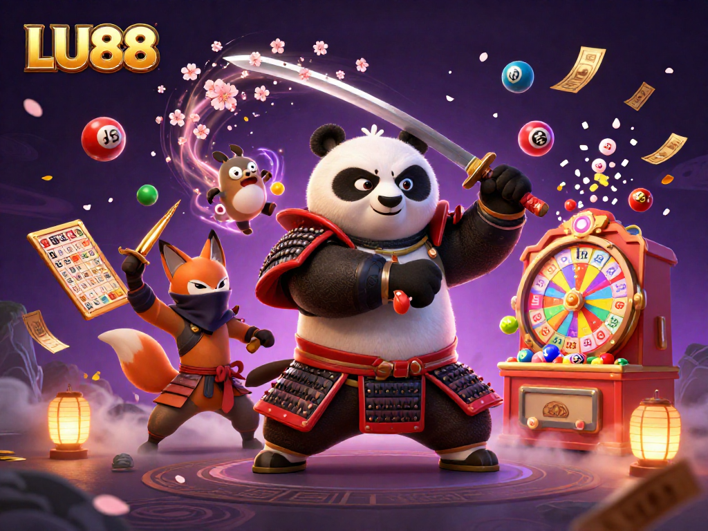 LU88 offers an exciting gaming experience with dynamic elements featuring vibrant lottery balls and a samurai panda.