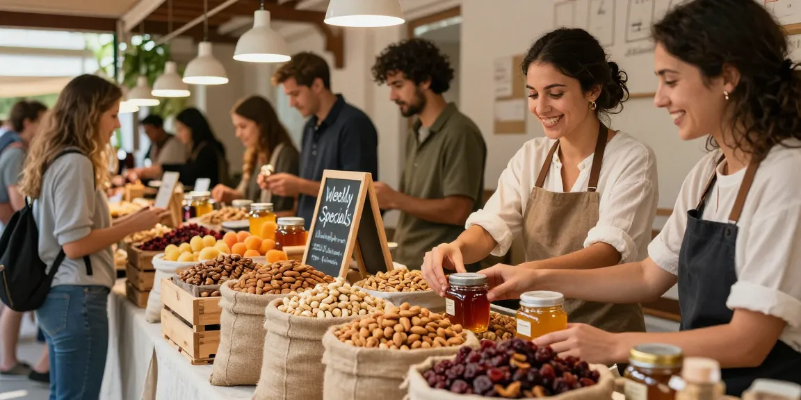 Assorted nuts and dried fruits display in a market scene featuring M98 ฝาก-ถอน promotions for fresh products.