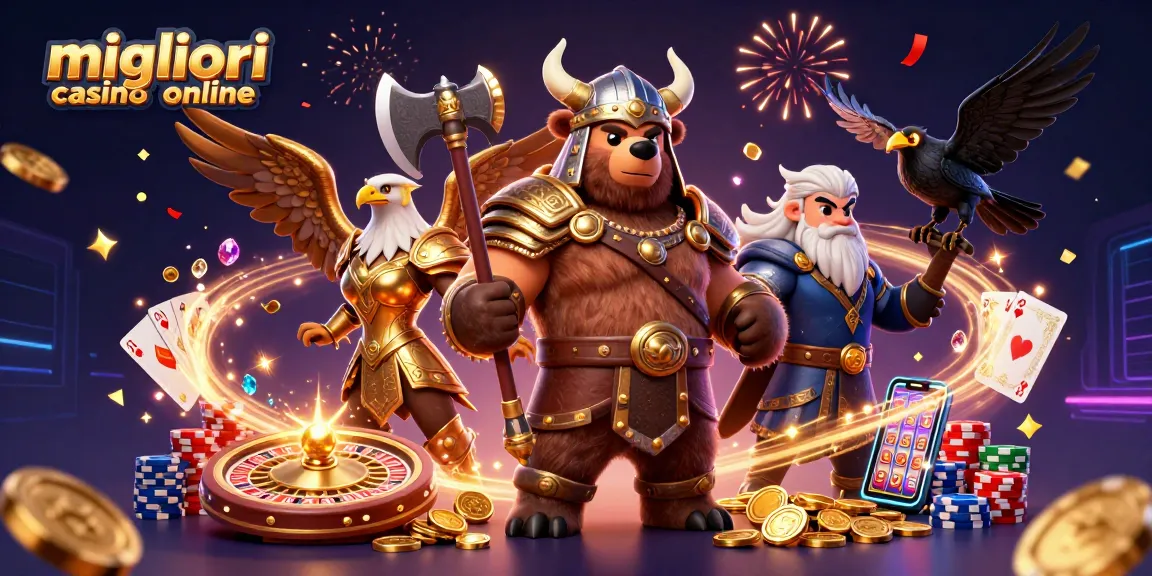 Immagine vivace dei migliori casino online con un orso vichingo e un'aquila valchiria, simbolo di gioco e vincite fantastiche.