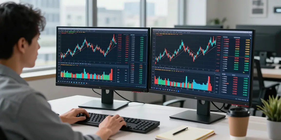 AICoin用户在现代办公室查看实时K线数据和市场分析