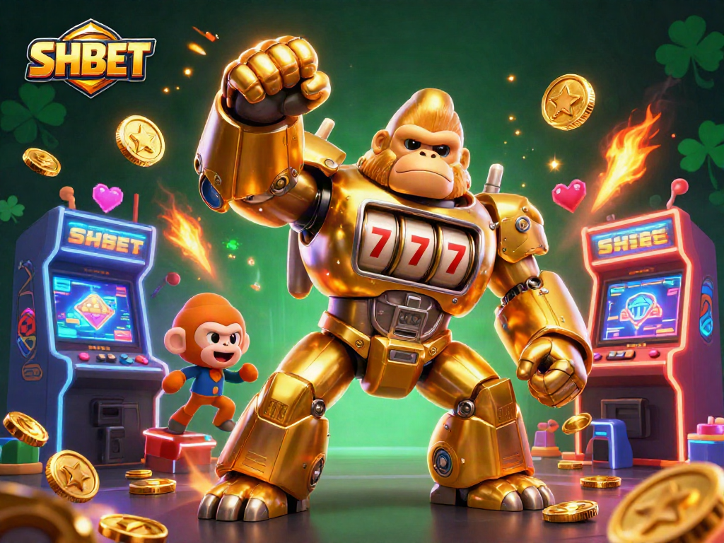 Experience thrilling gaming action with SHBET's 3D golden gorilla mech and dynamic casino elements.