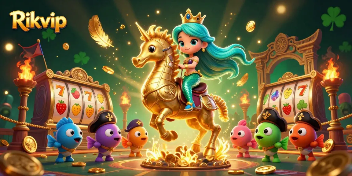 Experience exciting wins at Rikvip with a vibrant casino-themed scene featuring a mermaid and giant seahorse.