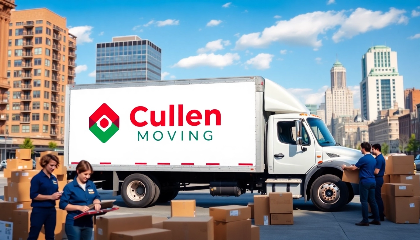 Cullen moving truck in an urban setting with a professional moving team ready to assist.