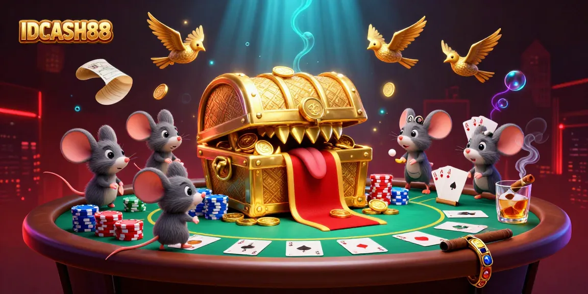 Experience thrilling adventures with IDCASH88, as mice explore tabletops filled with golden coins and high-stakes poker.