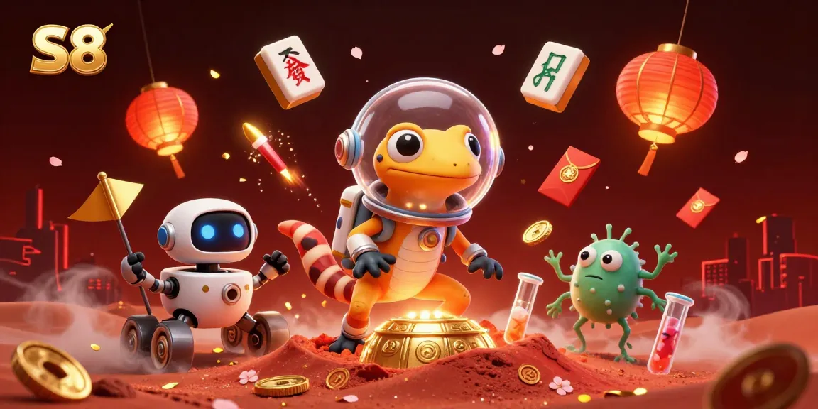 S8 gamers discover a golden casino in Martian sand, surrounded by exciting game symbols.