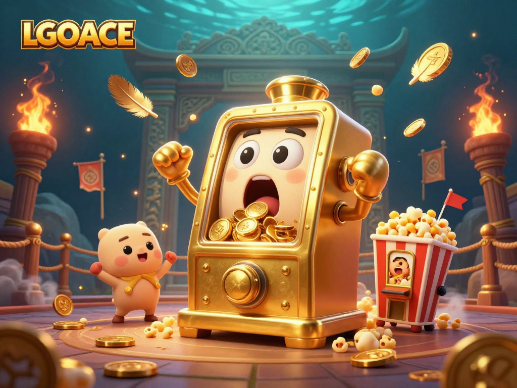 LGOACE golden slot machine hitting jackpot, coins pouring, amid cheering baby slots.