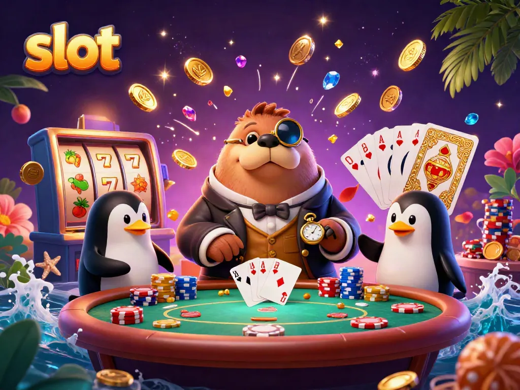 Experience the thrill of slot gaming with a cartoon walrus at a vibrant underwater casino table.