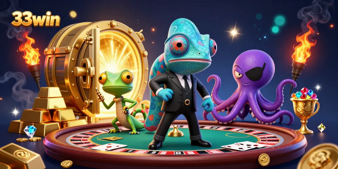 Experience thrilling gameplay at 33win with golden elements and a vibrant casino atmosphere featuring dynamic characters.