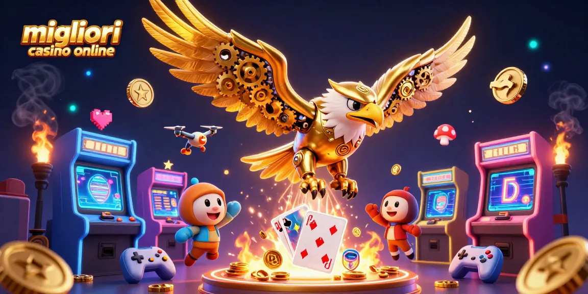 Scopri i migliori casino online in un'illustrazione 3D con un'aquila dorata tra carte e giochi arcade.