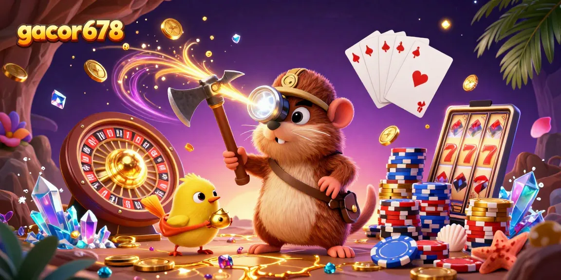 Experience thrilling wins with gacor678 while exploring a vibrant 3D casino scene filled with treasures.