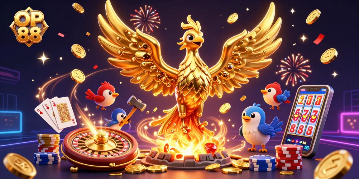 Experience the thrill of OP 88 with a 3D scene featuring a golden phoenix and casino elements.