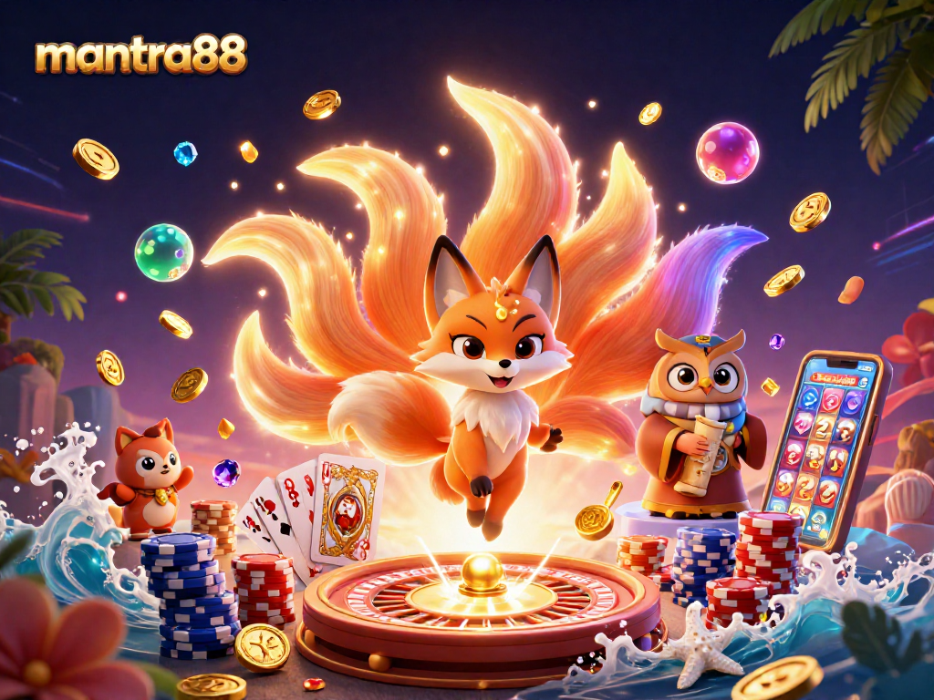 Engage in winning strategies at mantra88 with vibrant 3D casino experience featuring a mystical nine-tailed fox and owl sage.