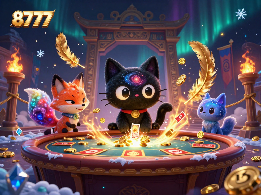 Engage in thrilling gameplay at 8777 with a cartoon black hole cat and nebula fox amidst a cosmic casino.