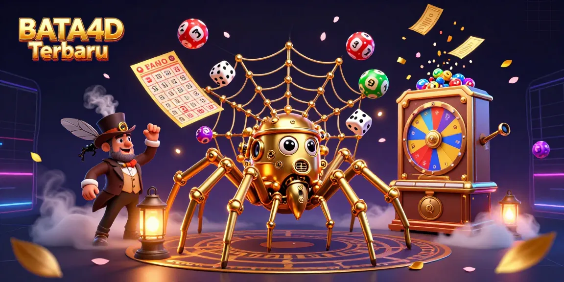 BATA4D Terbaru features a dynamic scene with a steampunk spider and lottery elements showcasing vibrant gambling excitement.