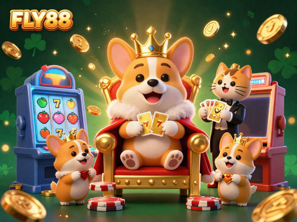 Play slots with FLY88, featuring colorful machines, fortune symbols, and a royal corgi mascot.