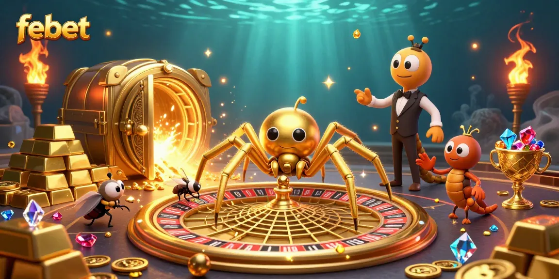 Place bets confidently with febet in this vibrant casino illustration featuring a golden spider and croupier.