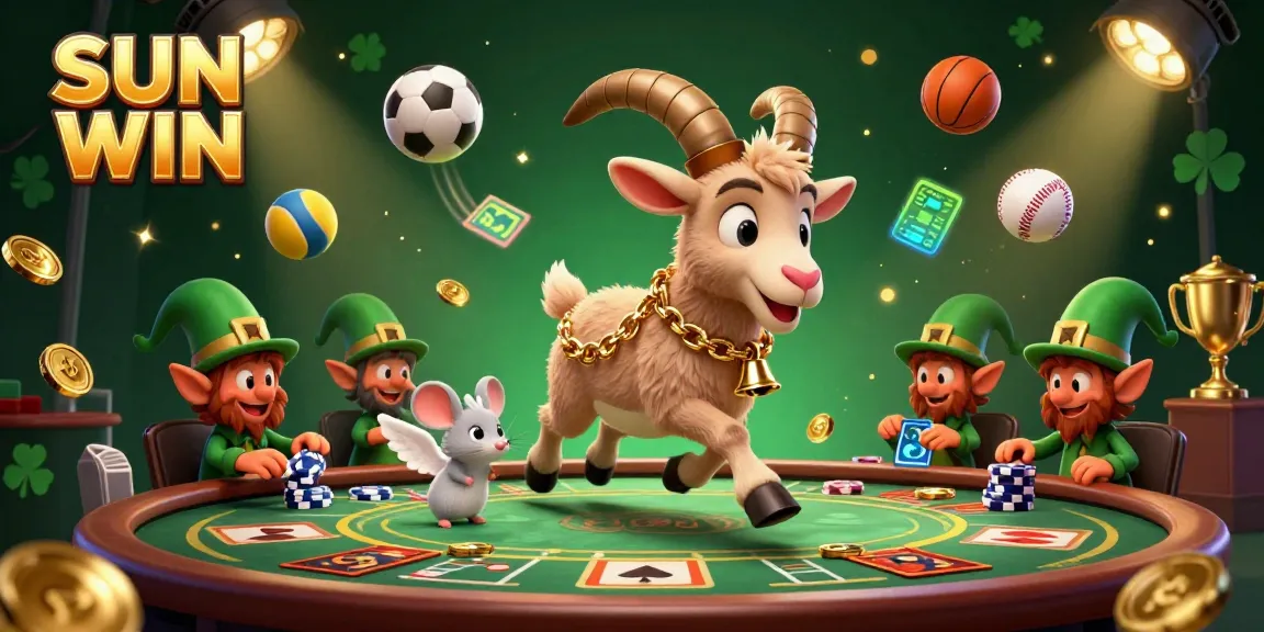 SUN WIN showcases a lively casino scene with a Krampus goat managing chaos while angel and elf characters interact, adding to the festive gambling atmosphere.