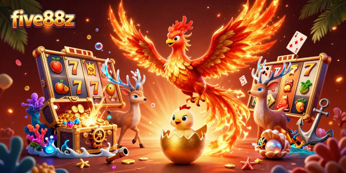 Engaging slot gaming scene featuring five88z phoenix and stag amidst vibrant treasure and cards.
