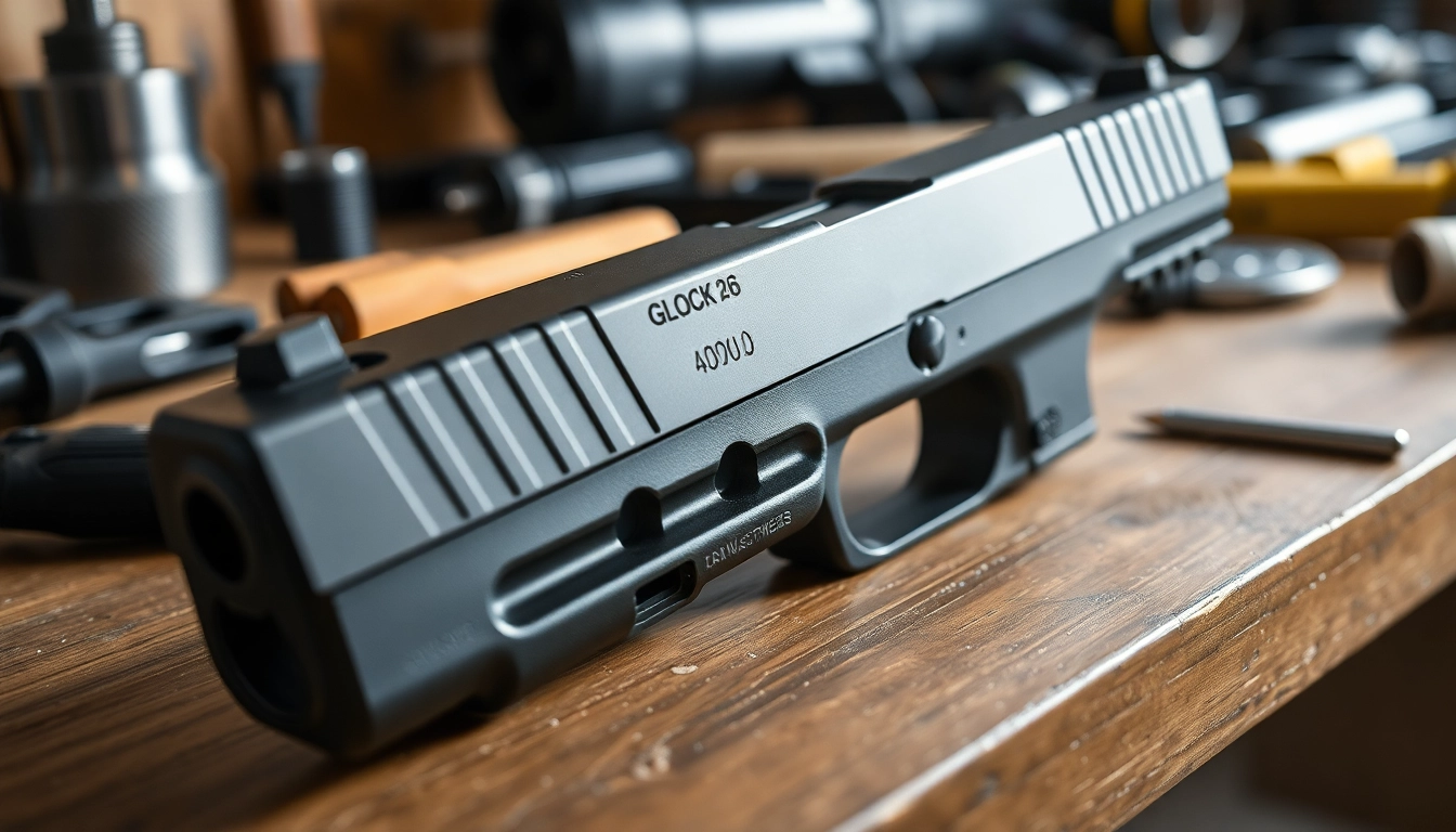 Showcasing the OEM Glock 26 slide with detailed craftsmanship in a workshop environment.