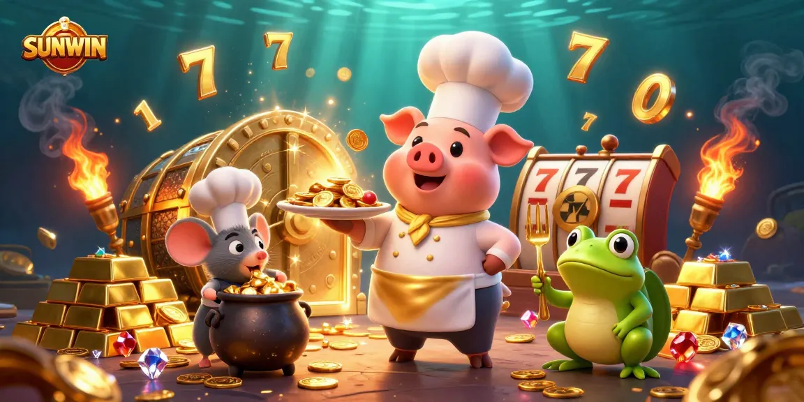 SUNWIN players celebrate winning gold coins in a vibrant 3D casino illustration.