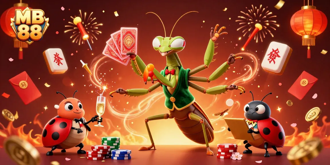 Engage with MB 88's vibrant gaming experience featuring a giant mantis card sharp and ladybug pit boss.