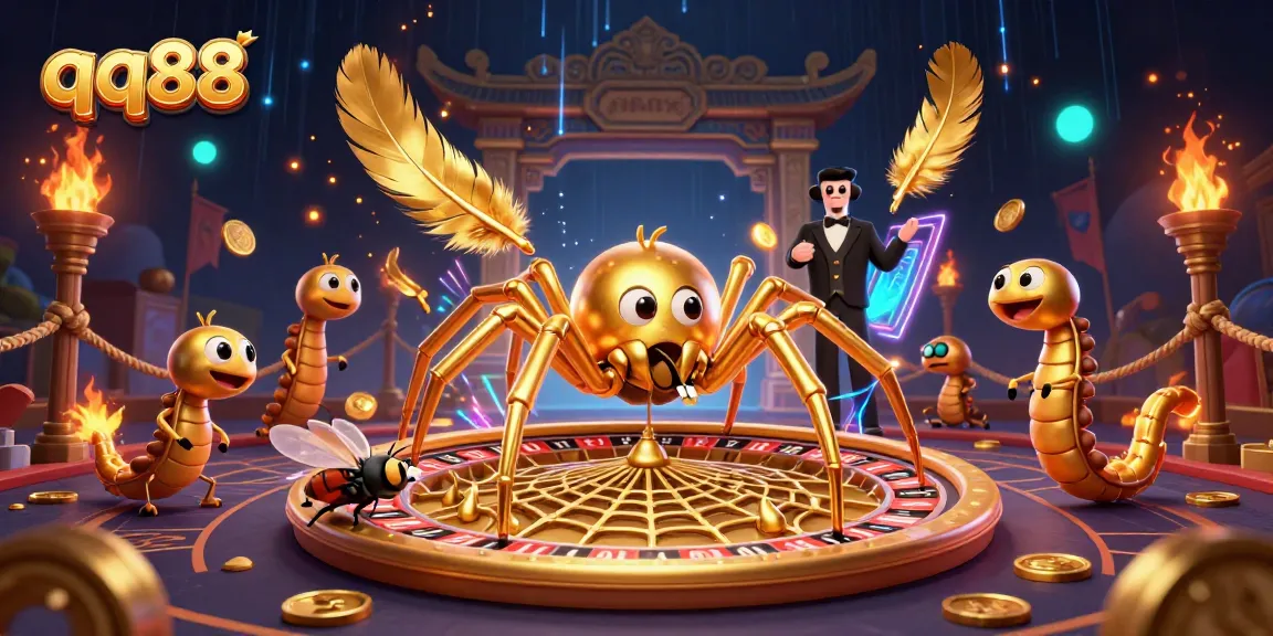 Experience thrilling gameplay at qq88 with a unique 3D casino illustration showcasing a golden spider and centipede dealer.