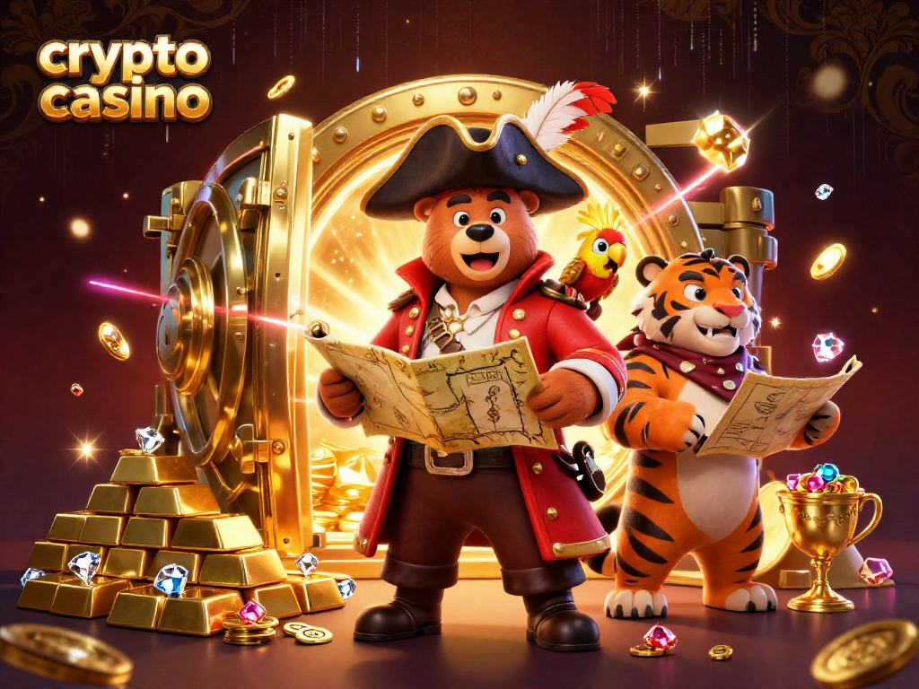 Jouez au crypto casino avec un ours pirate, un tigre et un perroquet dans une scène richement décorée.