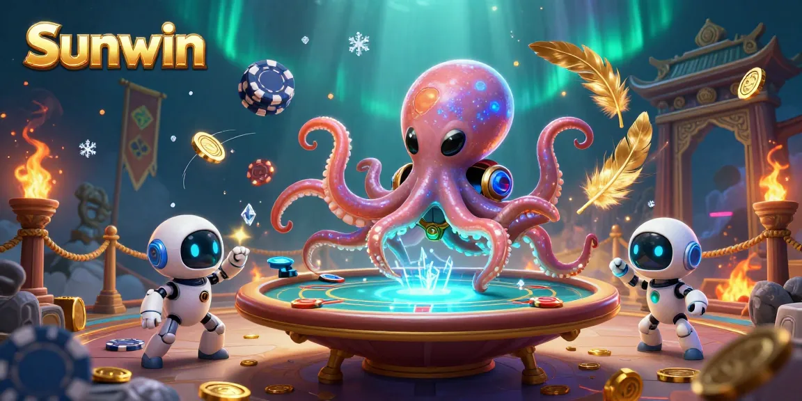 Engage in thrilling bets at Sunwin with a vibrant 3D alien octopus and poker table.