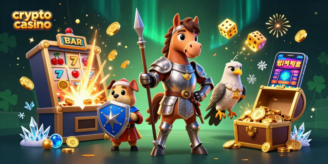 Un casino crypto dynamique avec un chevalier en armure, un chiot écuyer et un faucon, entourés de jeux de casino innovants.