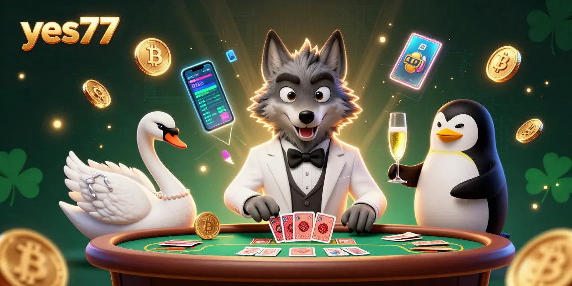 Gambarlah interaksi seru di casino yes77 dengan karakter serigala, angsa, dan penguin yang elegan.
