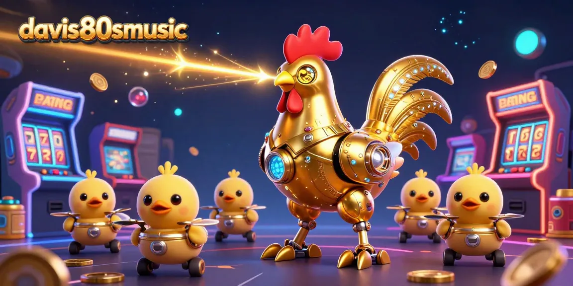 Engage in dynamic casino fun with davis80smusic's vibrant 3D illustration showcasing a golden rooster robot and adorable chick drones.