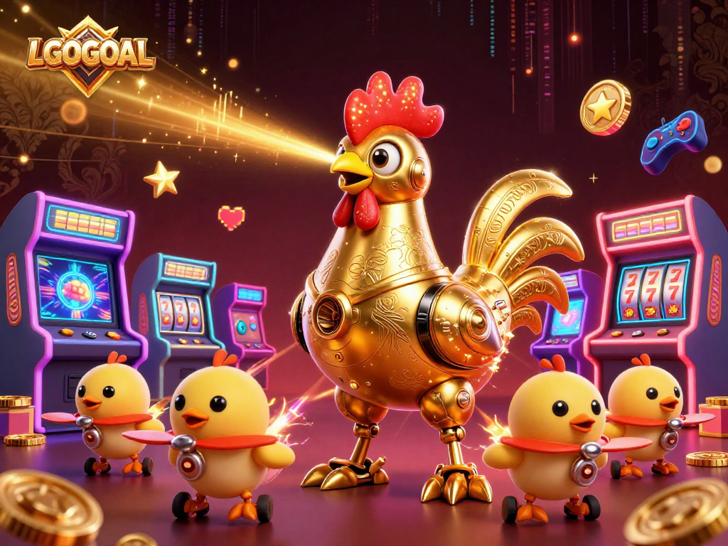 Experience thrilling games at LGOGOAL with a futuristic golden rooster and vibrant arcade elements.