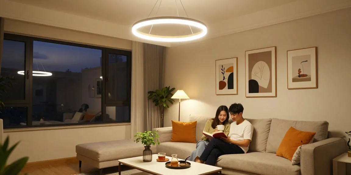 Lustra LED elegantă iluminând un living modern, cu o atmosferă primitoare.
