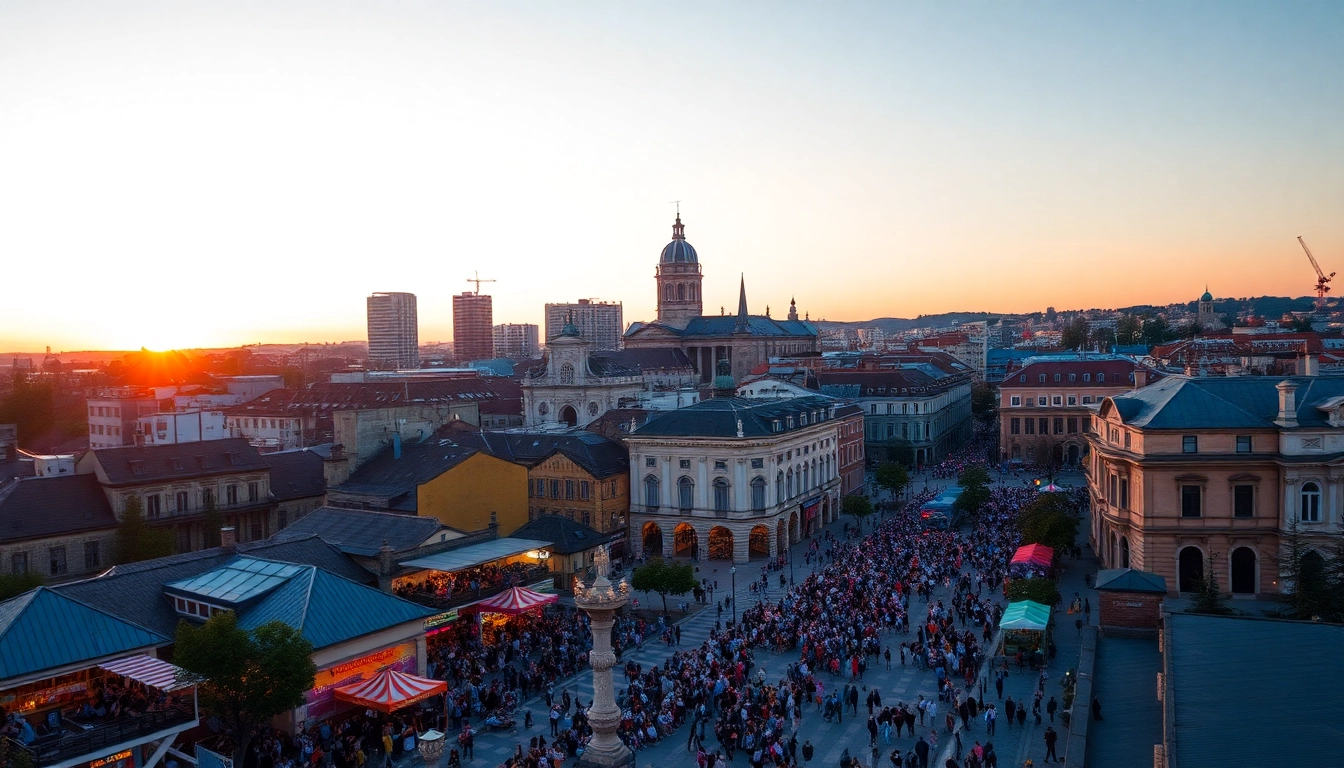 Evenimente Cluj: Vibrant city life at sunset in Cluj-Napoca showcasing lively events.