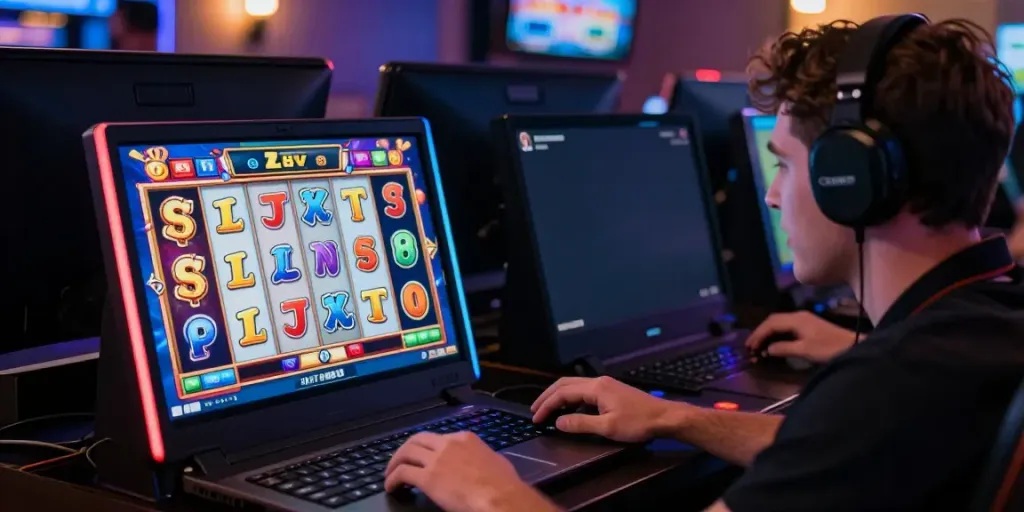 Permainan online slot777 dengan pemain bersemangat memutar gulungan mesin slot digital yang cerah.