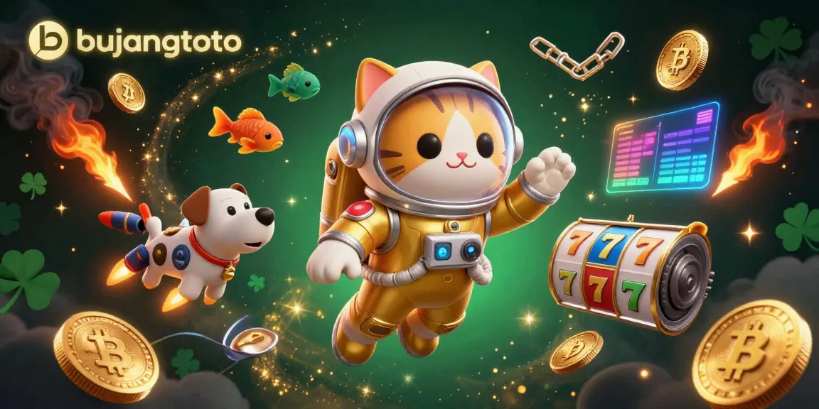 Bujangtoto showcases an exciting gambling scene with a space astronaut cat, robot dog, and animated slot reels.